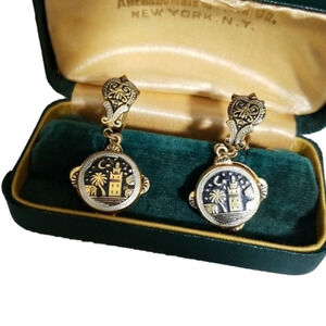 𝅺damascene Enamel vtg clip earrings